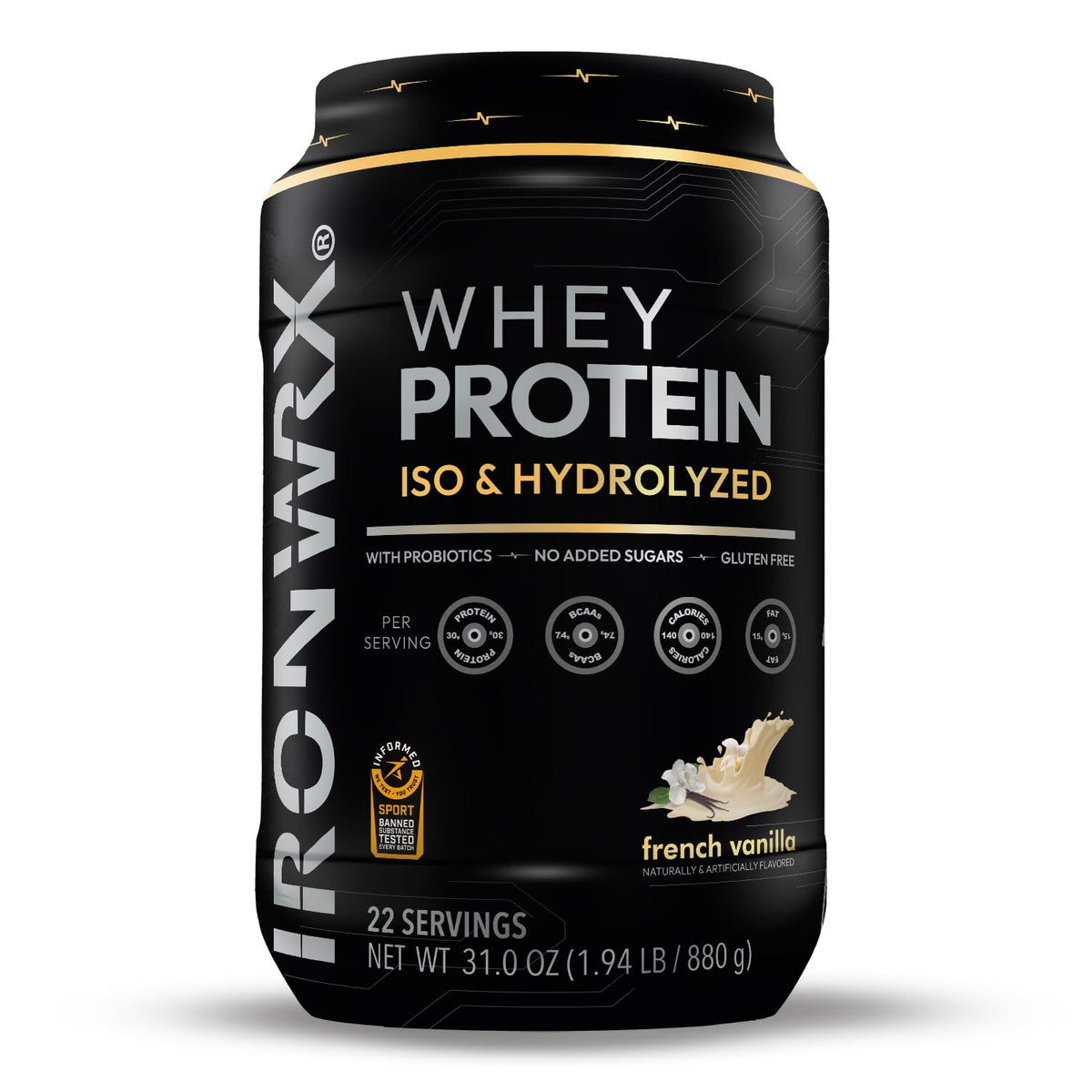 IRONWRX hydrolyzed whey vanilla tub front for high-protein fueling between workouts.