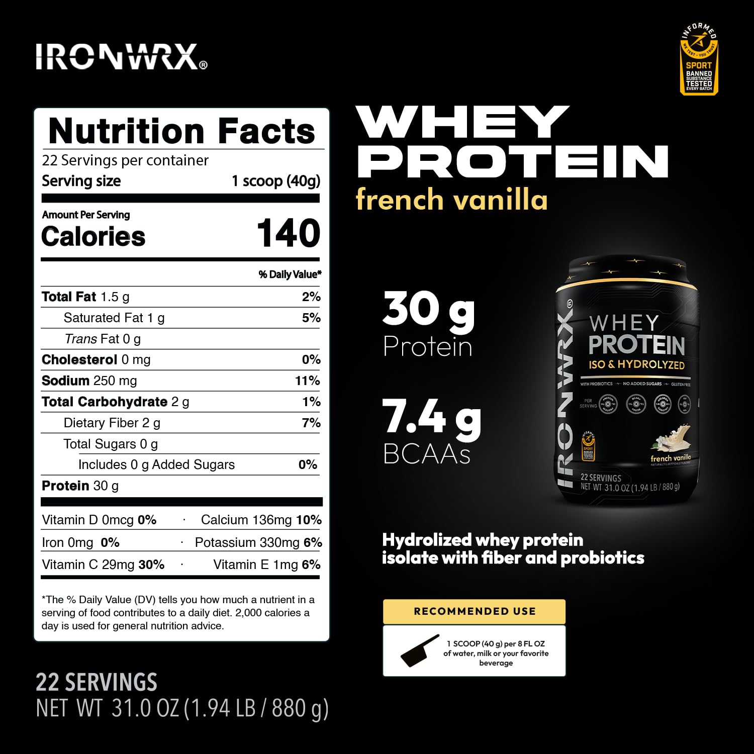IRONWRX post-workout vanilla shake poured into a glass after training.