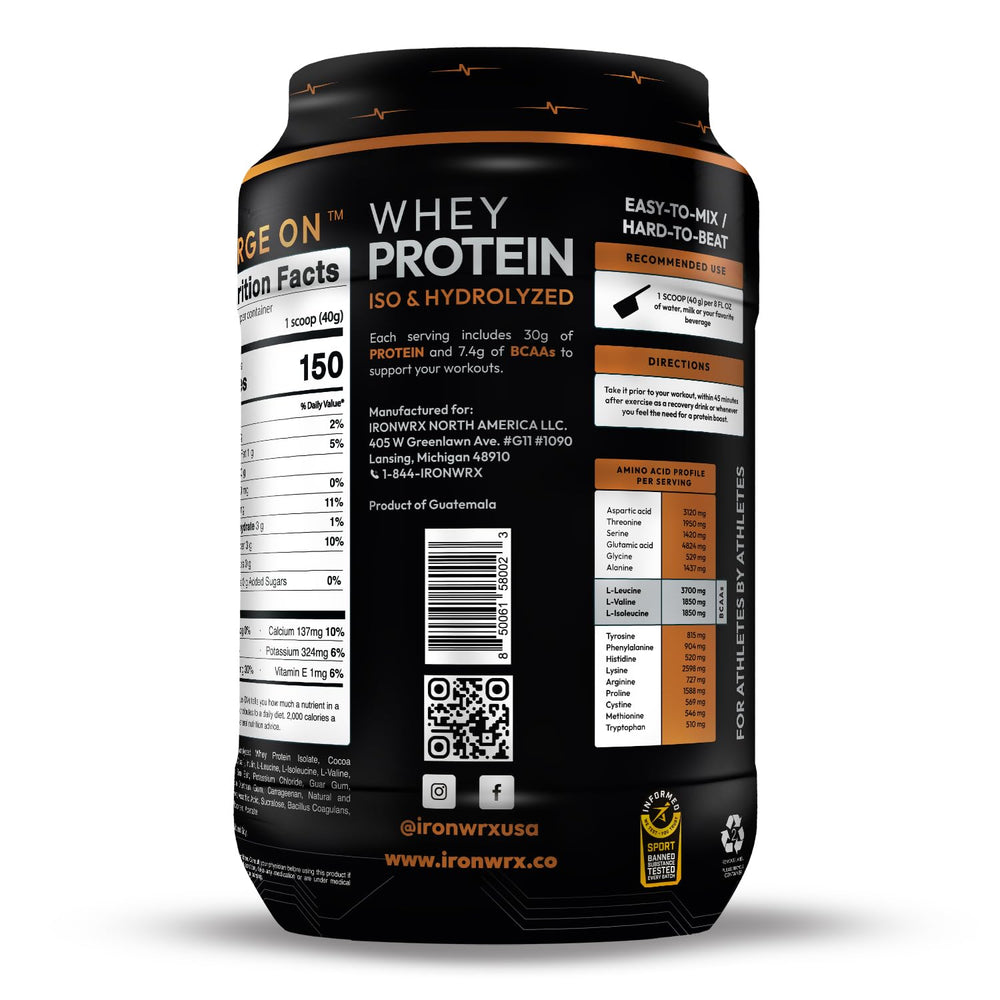 IRONWRX whey protein jar label close-up showing quality