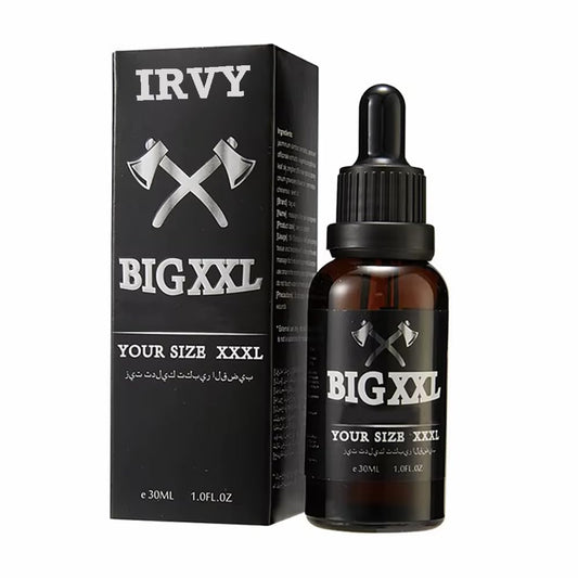 Irvy Big XXL oil bottle close-up showing premium formula for potential size support.
