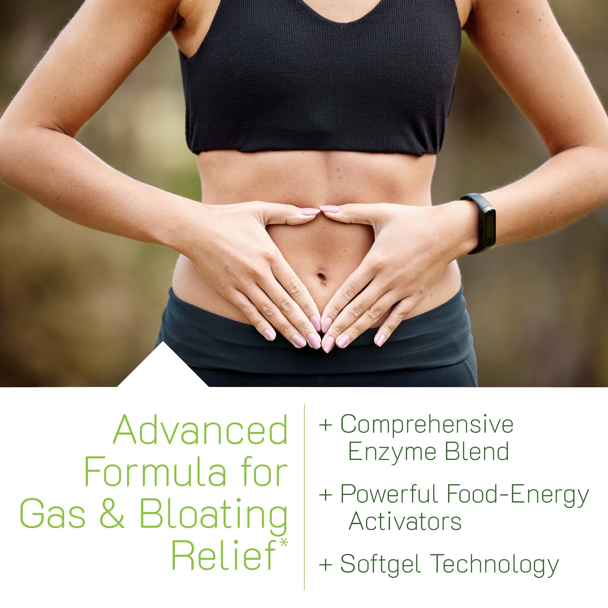 Irwin Naturals Anti-Gas bottle shown with a meal illustrating digestion support