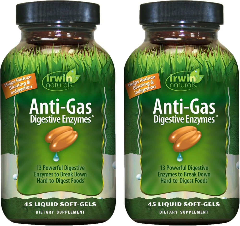 Irwin Naturals Anti-Gas Digestive Enzymes bottle supports digestion after meals