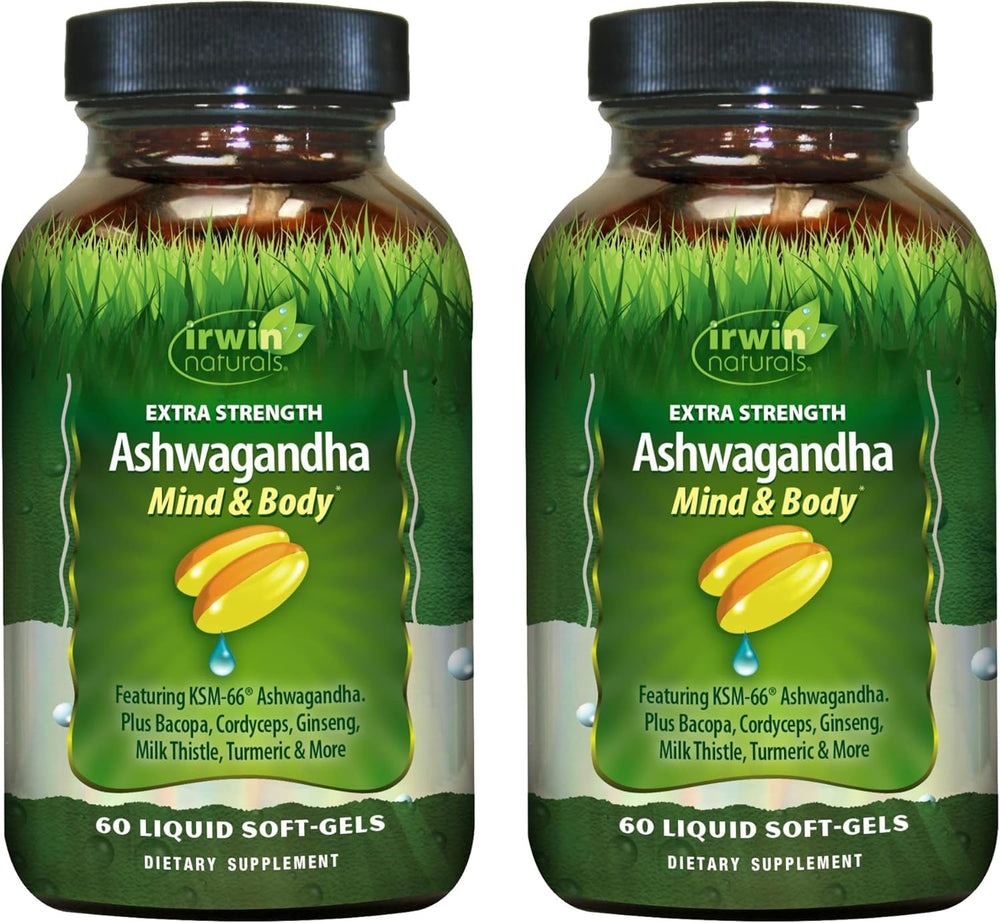 Irwin Naturals Ashwagandha Mind & Body bottle shows softgels for daily focus and calm energy