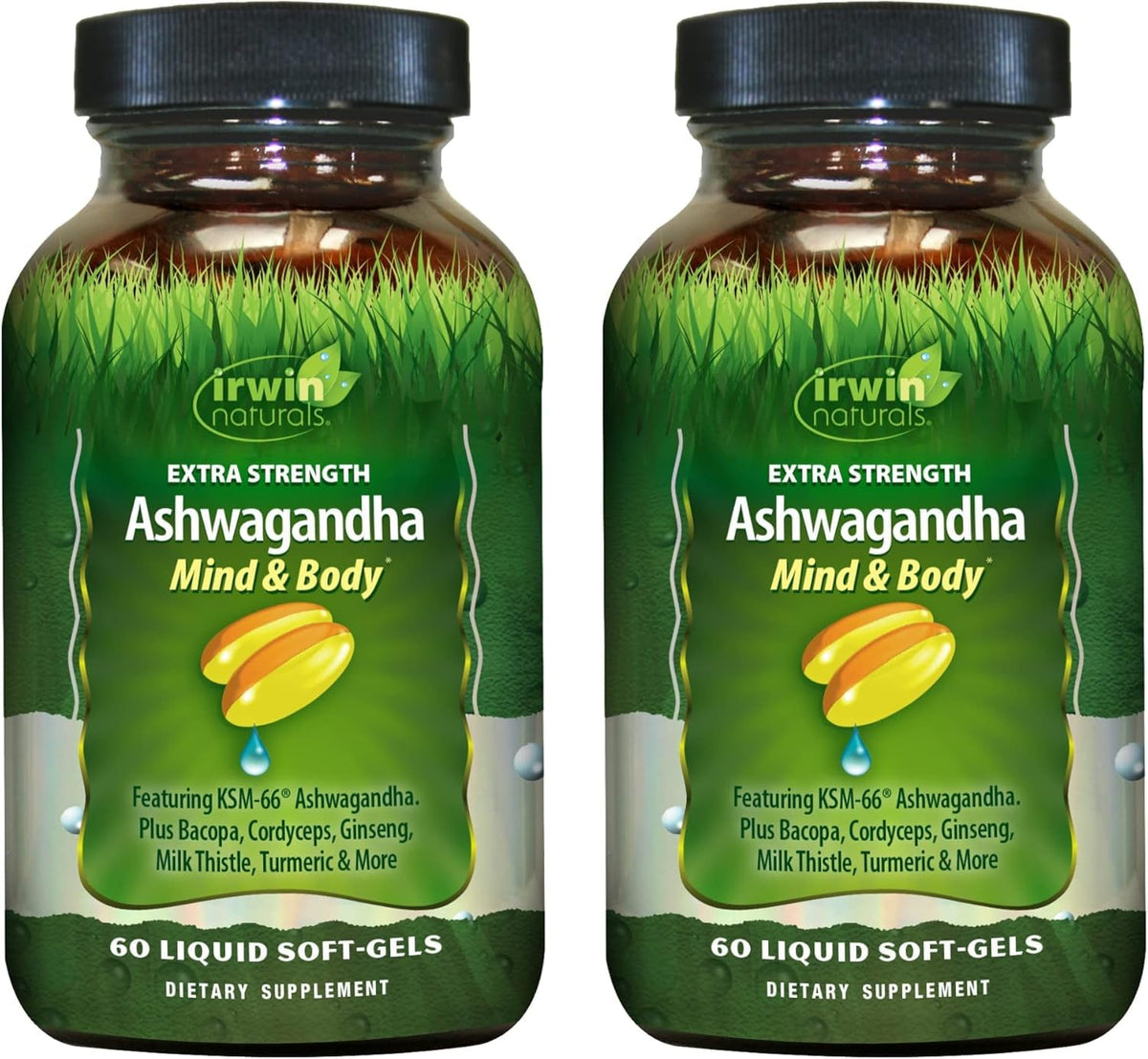 Irwin Naturals Ashwagandha Mind & Body bottle shows softgels for daily focus and calm energy