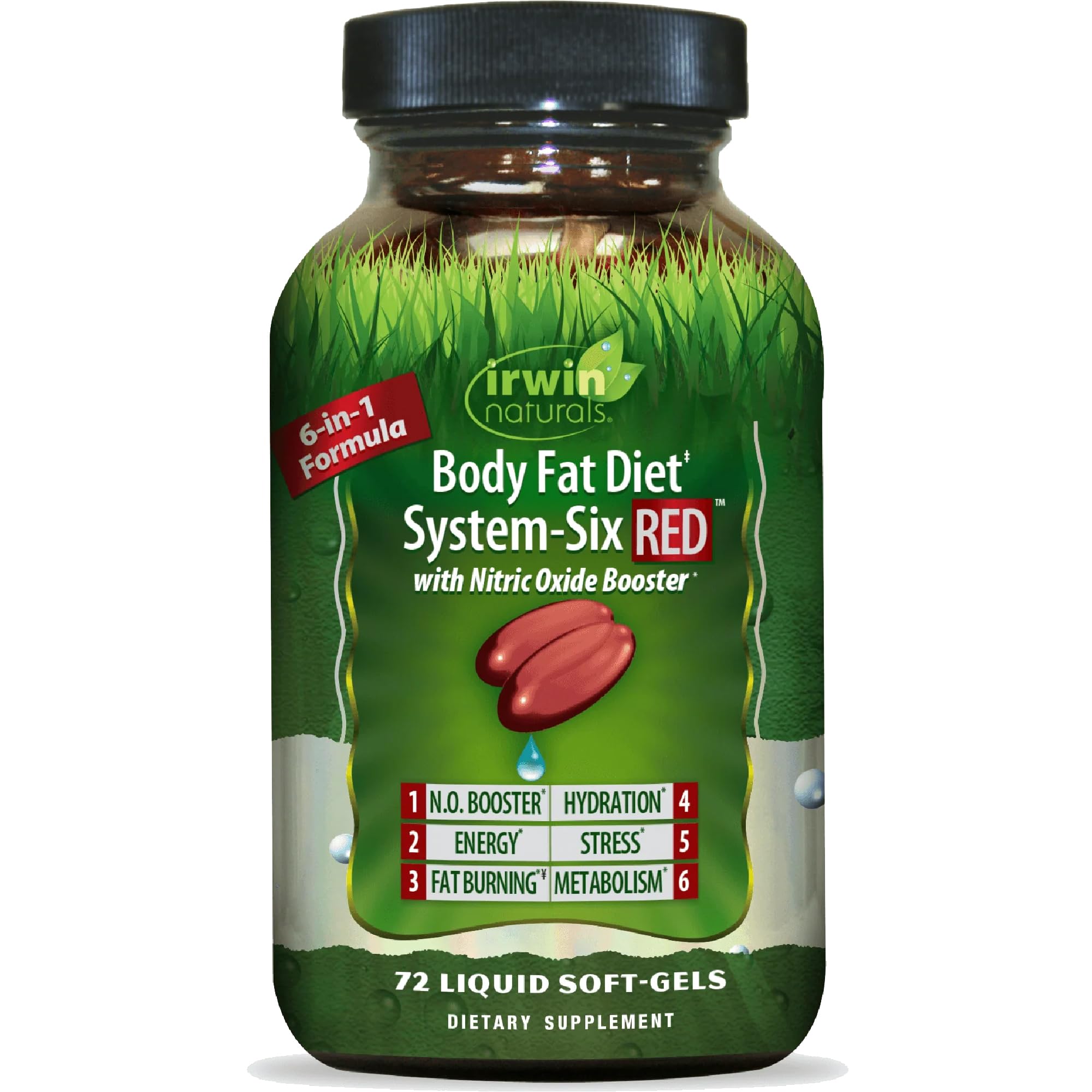 Irwin Naturals Body Fat Diet System-Six RED bottle front with 6-in-1 support.
