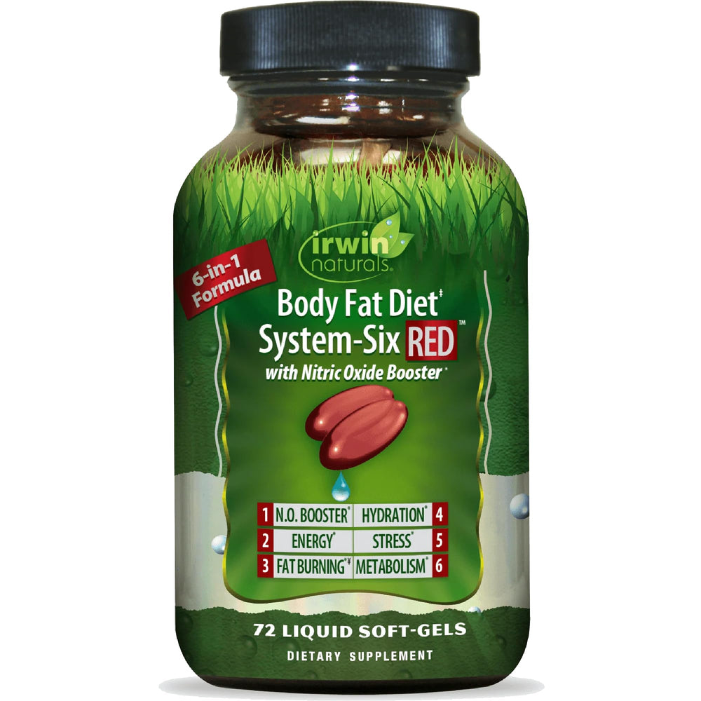 Irwin Naturals Body Fat Diet System-Six RED bottle front with 6-in-1 support.