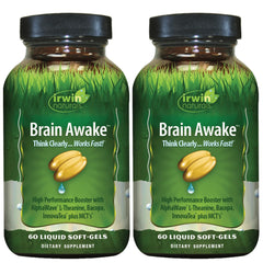 Irwin Naturals Brain Awake bottle with pour supports daily focus and mental clarity.