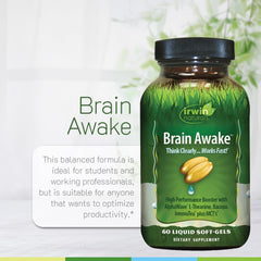 Irwin Naturals Brain Awake capsules seen up close for reliable daily use.