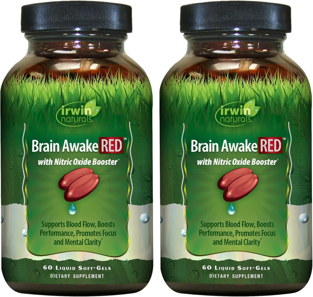 Irwin Naturals Brain Awake RED bottle demonstrates the brand's focus-support formula for daily use.