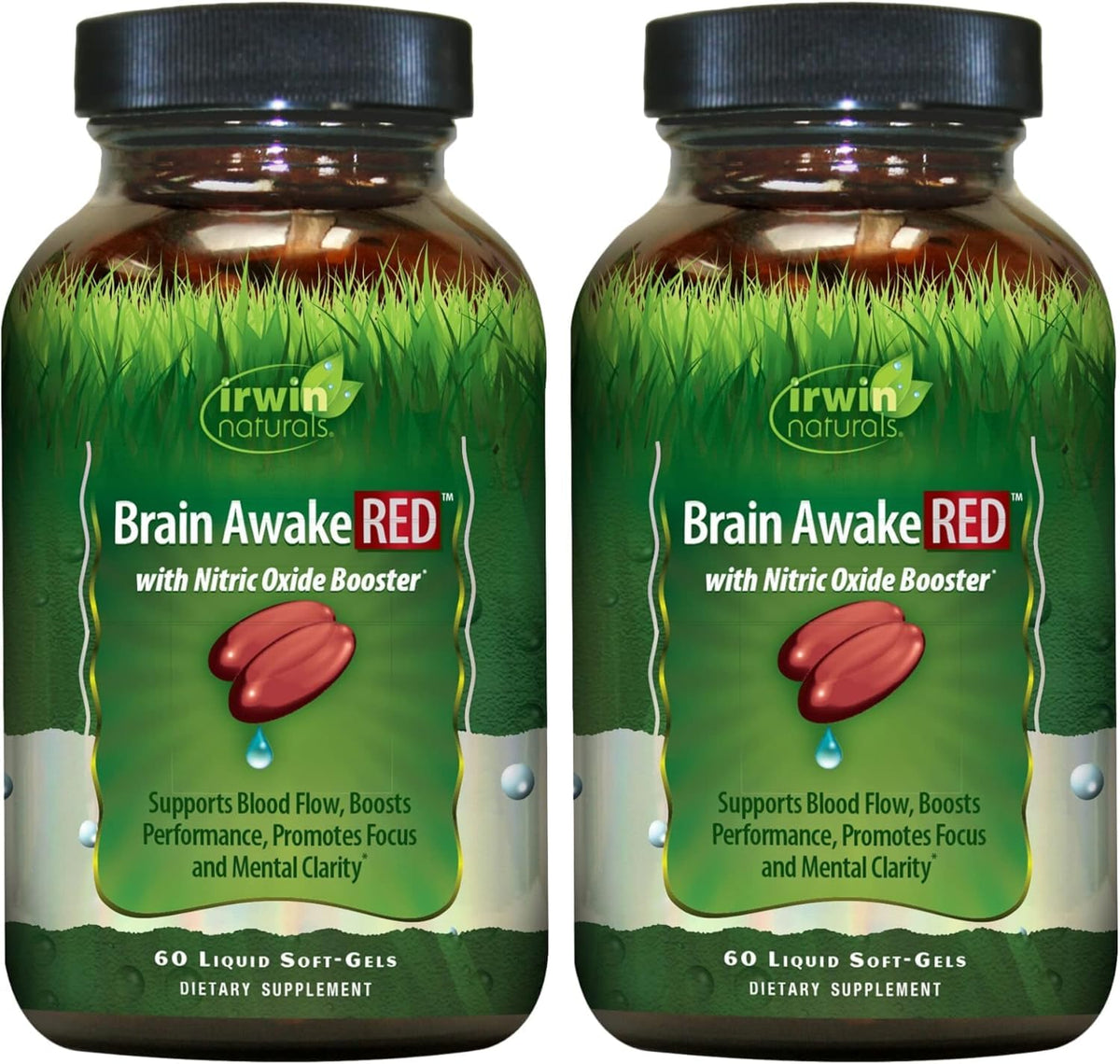 Irwin Naturals Brain Awake RED bottle demonstrates the brand's focus-support formula for daily use.