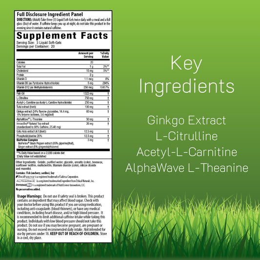 Irwin Naturals Brain Awake RED soft-gels being poured indicate easy, chew-free intake for busy days.
