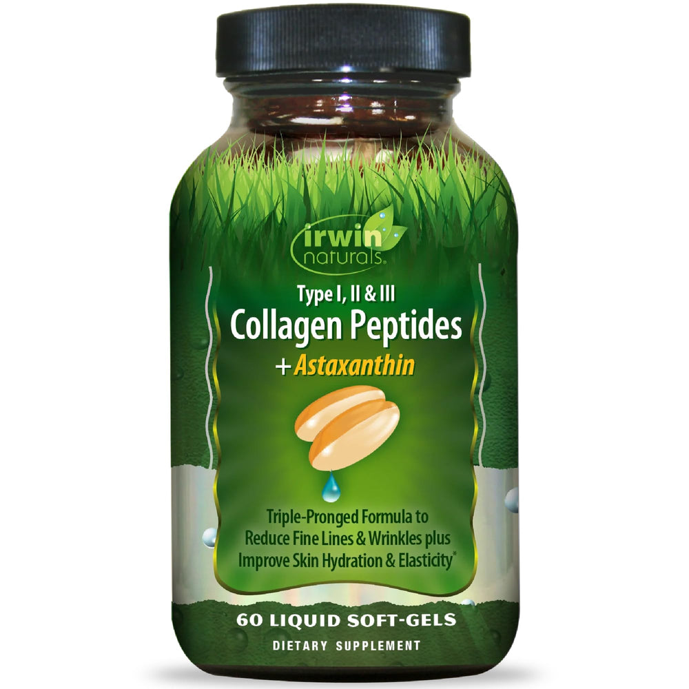 Irwin Naturals collagen peptides astaxanthin softgels bottle for daily skin and joint support