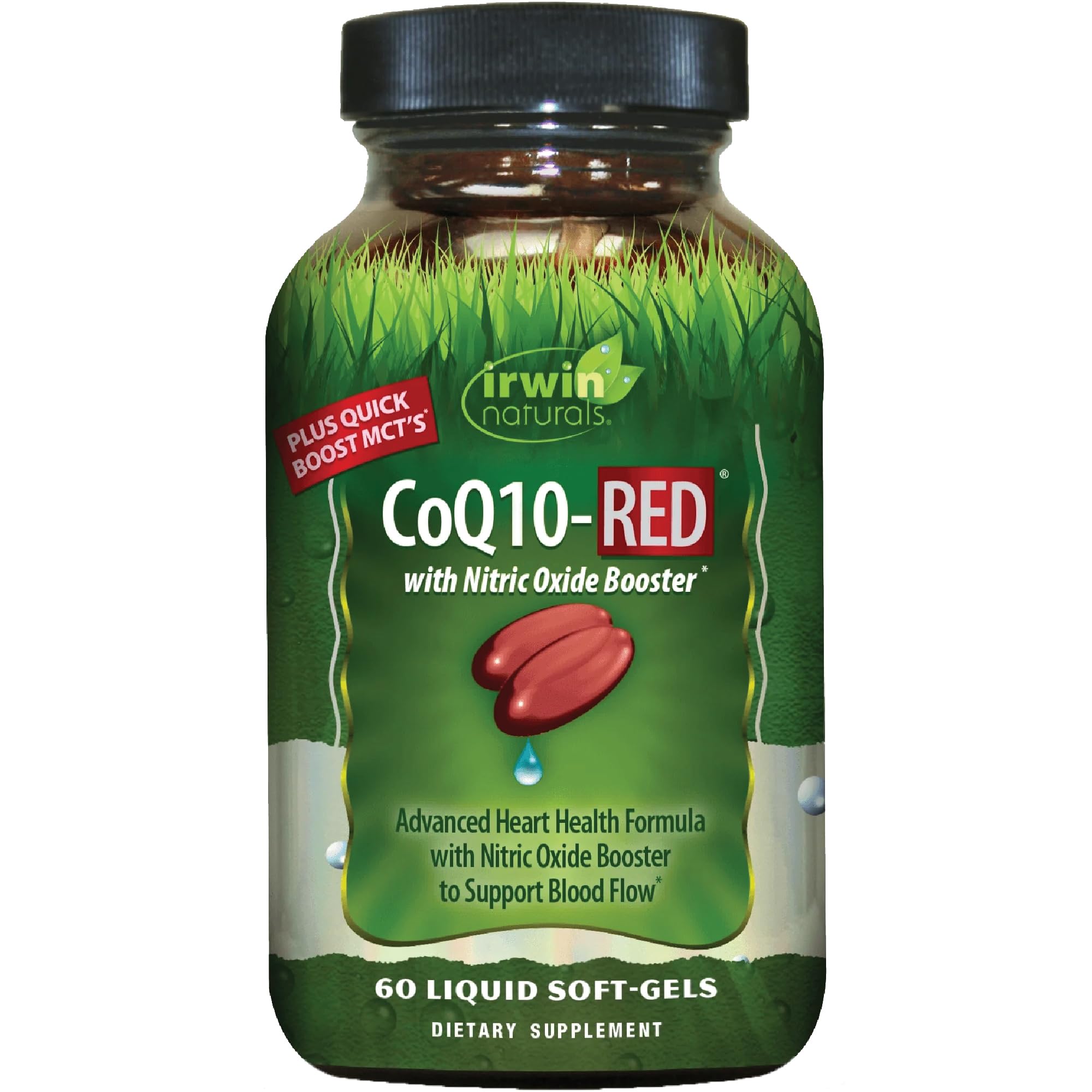 Irwin Naturals CoQ10-RED bottle packshot highlighting heart-supporting ingredients.