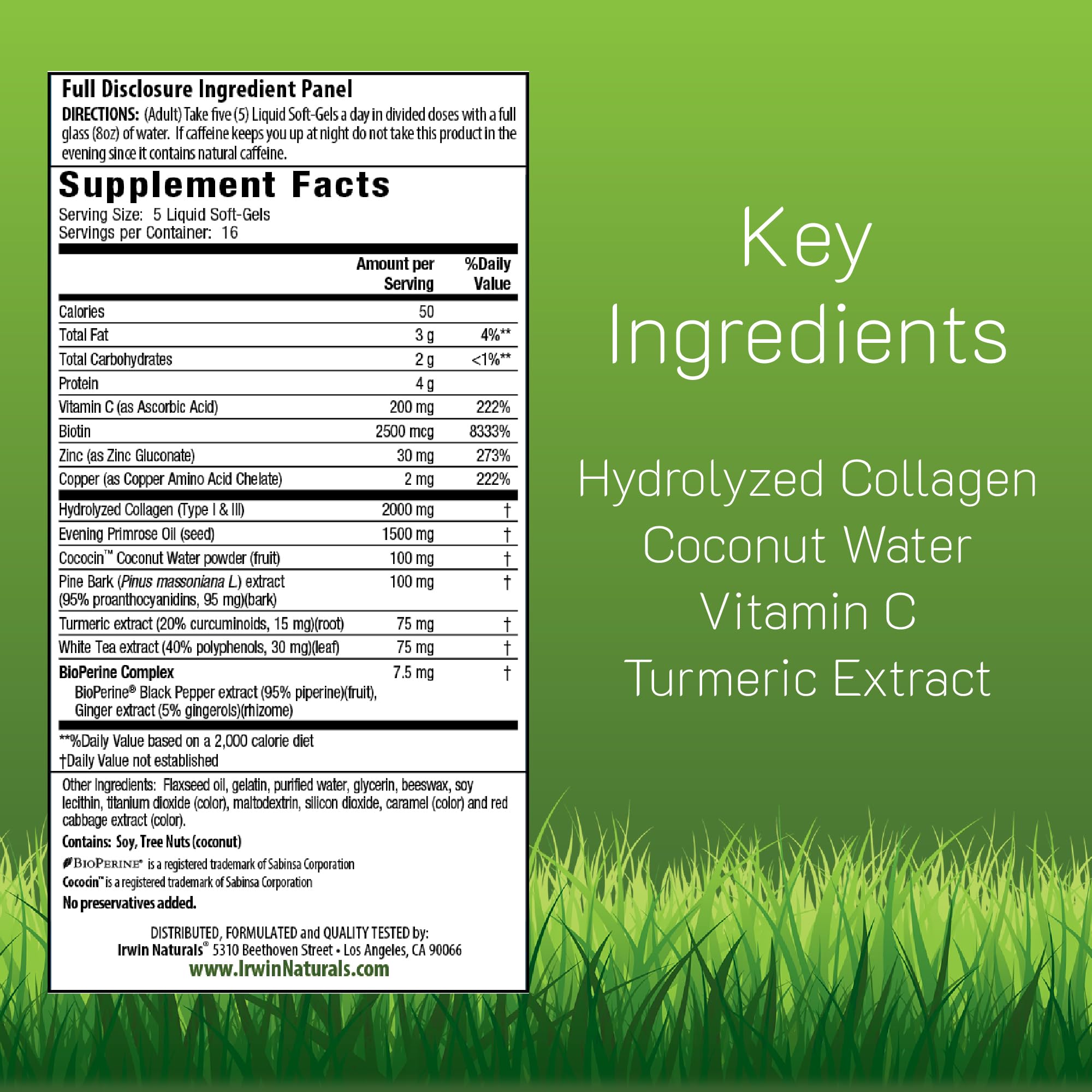 Closeup of Irwin Naturals softgels highlighting hydrolyzed collagen content
