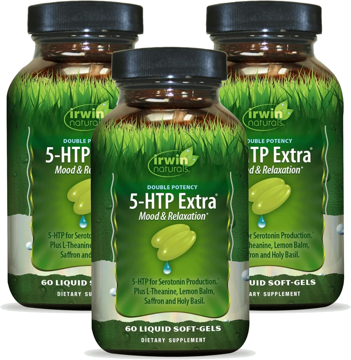 Irwin Naturals Double Potency 5-HTP Extra bottle promotes relaxation and mood support.