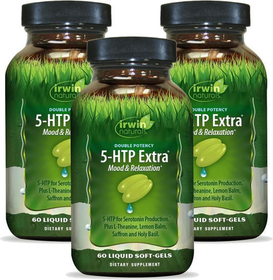 Irwin Naturals Double Potency 5-HTP Extra bottle promotes relaxation and mood support.