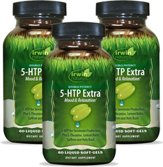 Irwin Naturals Double Potency 5-HTP Extra bottle promotes relaxation and mood support.