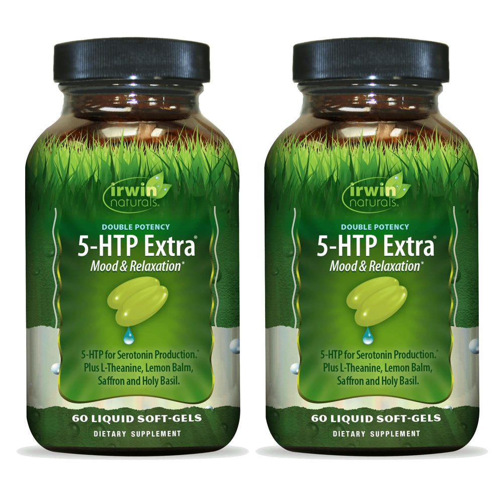 Irwin Naturals Double Potency 5-HTP Extra bottle ready for daily use and relaxation.