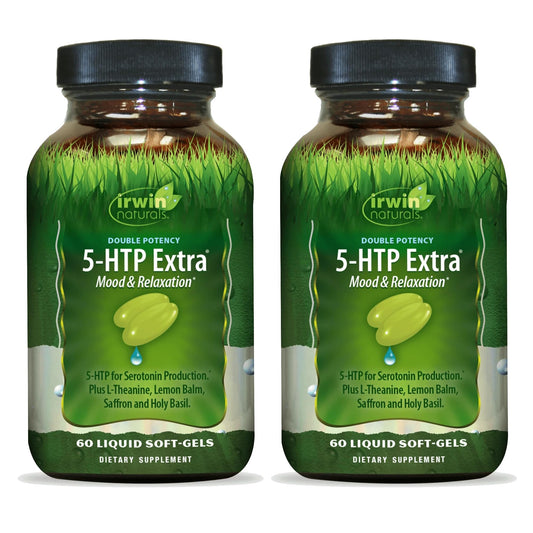 Irwin Naturals Double Potency 5-HTP Extra bottle ready for daily use and relaxation.