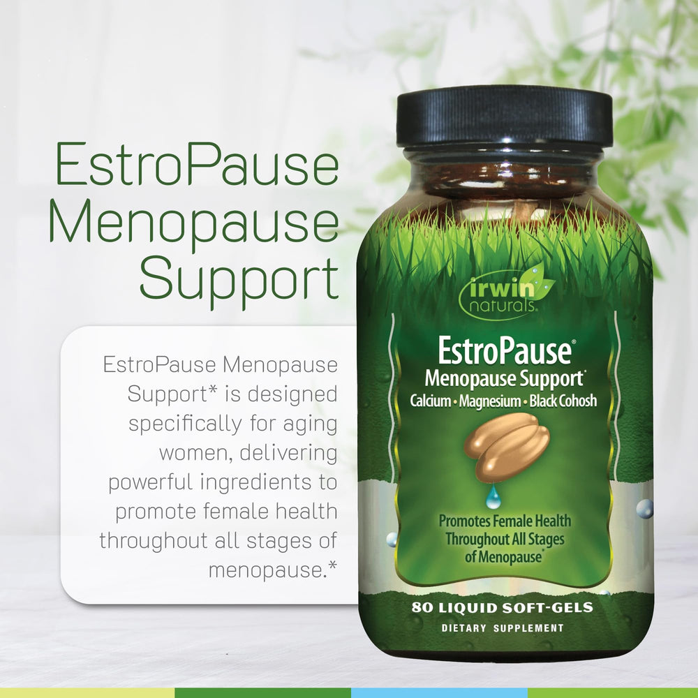 Irwin Naturals EstroPause key ingredients highlighted for bone, nerve, and overall comfort