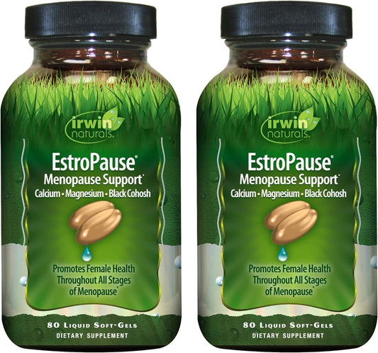 Irwin Naturals EstroPause softgel bottle showing gentle menopause support for daily balance