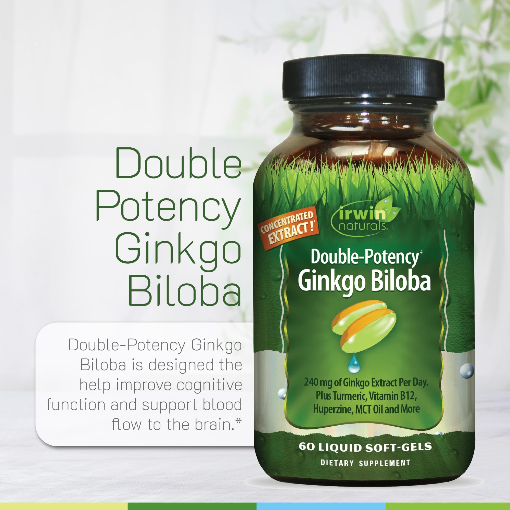 Irwin Naturals Ginkgo Biloba packaging shows turmeric and resveratrol notes.