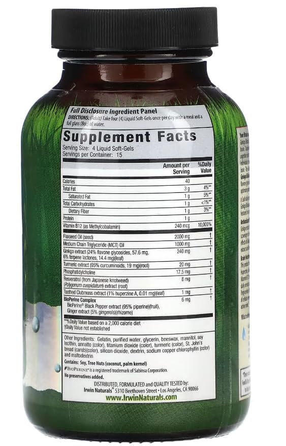 Irwin Naturals Ginkgo Biloba bottle pouring soft-gels for a routine.