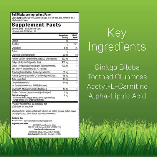 Irwin Naturals Ginkgo Smart bottle back with supplement facts and guidance