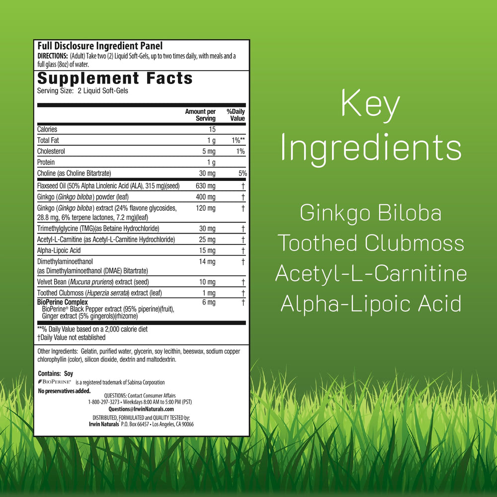 Irwin Naturals Ginkgo Smart capsule close-up for memory and focus.