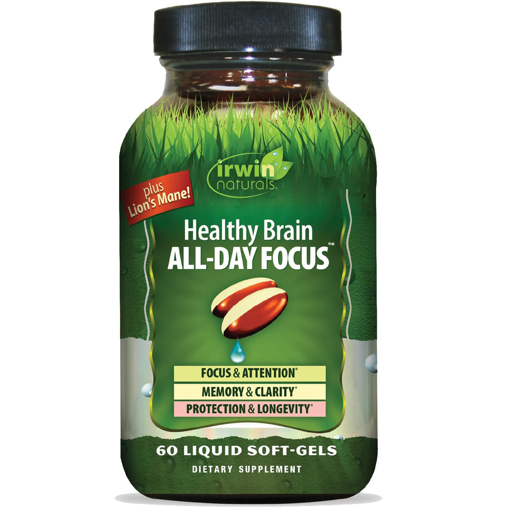 Irwin Naturals Healthy Brain bottle with liquid soft-gels for all-day focus