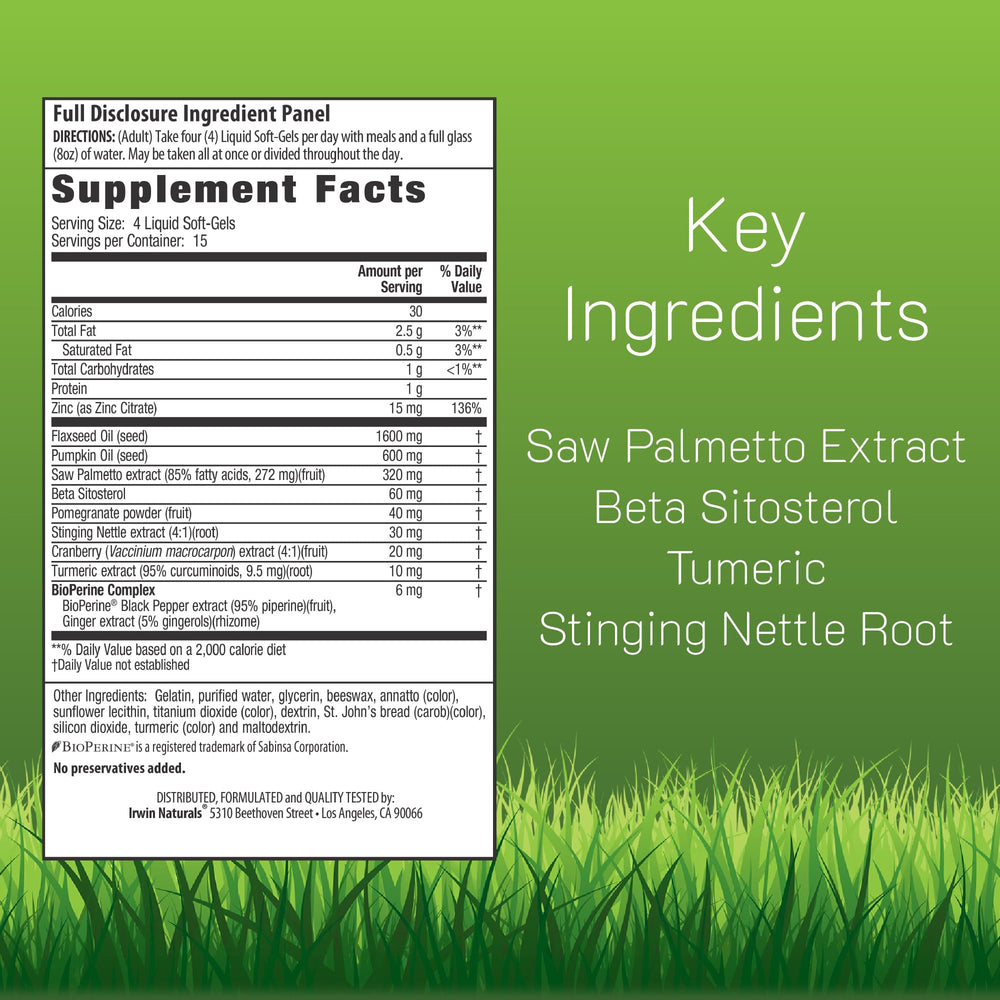 Irwin Naturals Healthy-Flow capsules close-up showing easy-to-swallow soft-gels for daily urinary support.