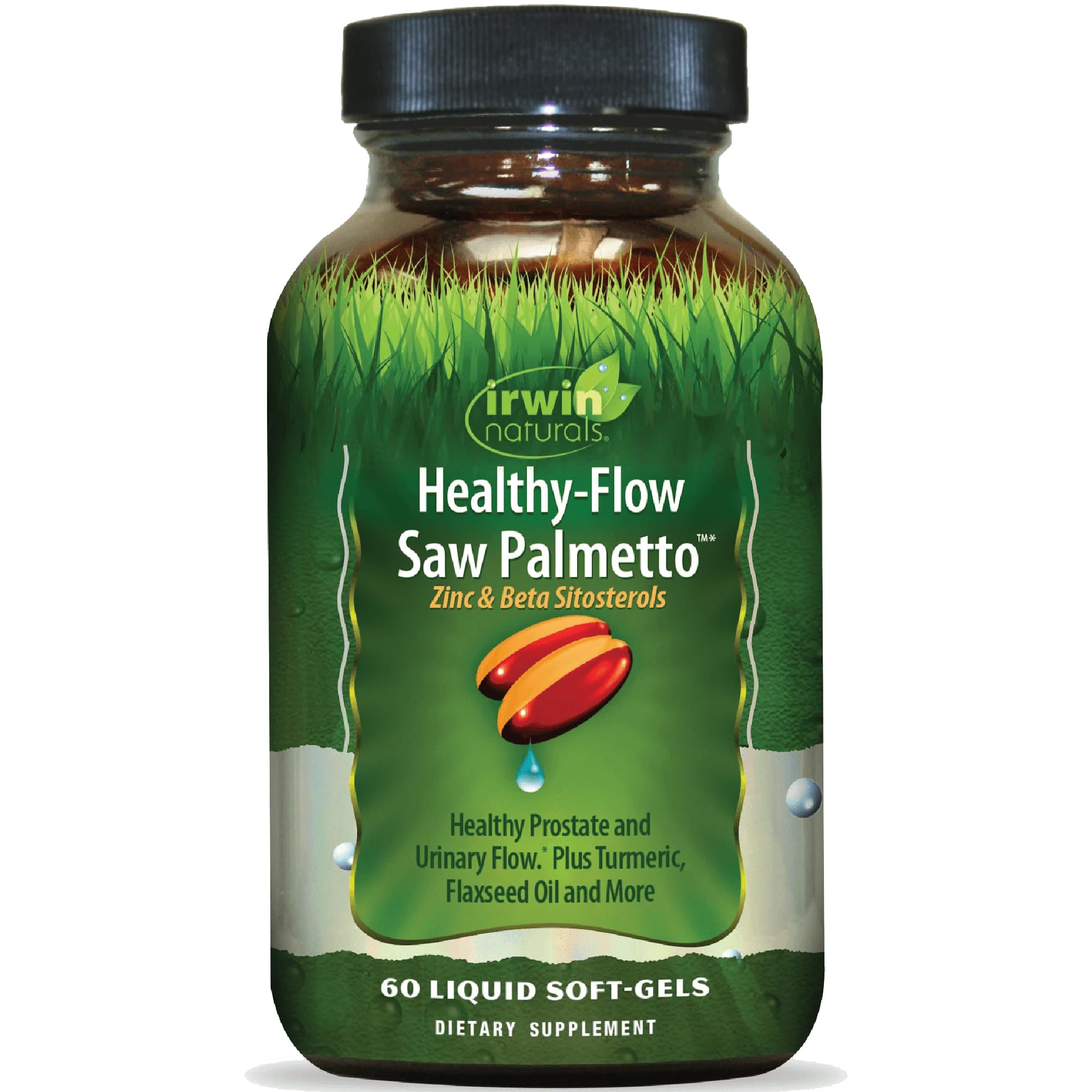 Irwin Naturals Healthy-Flow Saw Palmetto bottle promotes urinary comfort and prostate support.