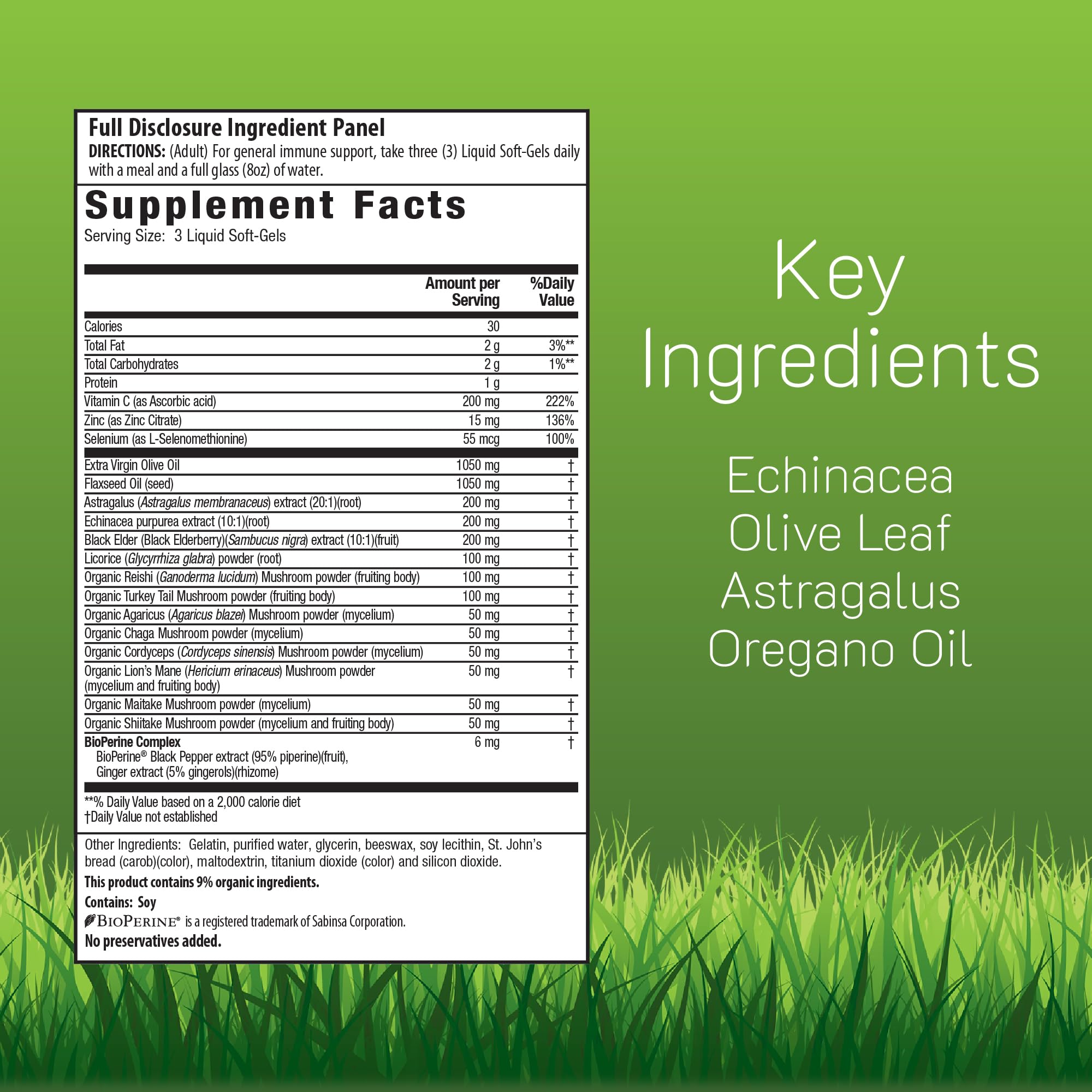 Irwin Naturals Immuno-Shield bottle back shows ingredients and directions.