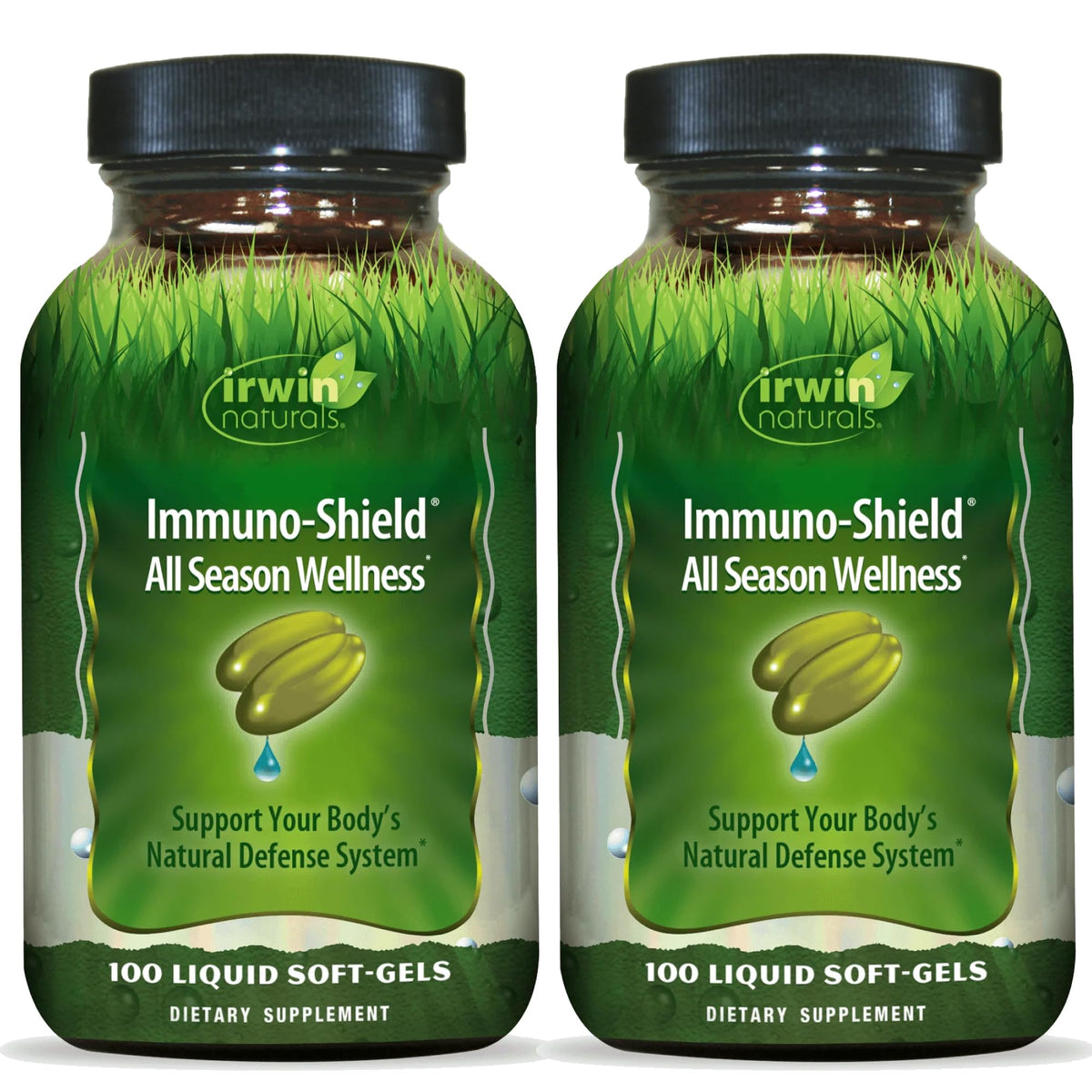 Irwin Naturals Immuno-Shield bottle front for all-season immune support.