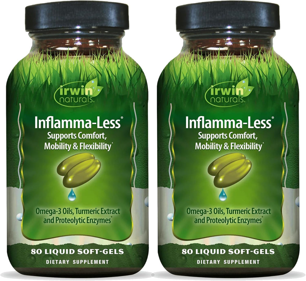 Irwin Naturals Inflamma-Less bottle label featuring Boswellia and turmeric blend for joint support.