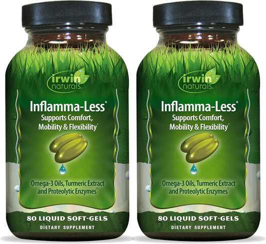 Irwin Naturals Inflamma-Less bottle label featuring Boswellia and turmeric blend for joint support.