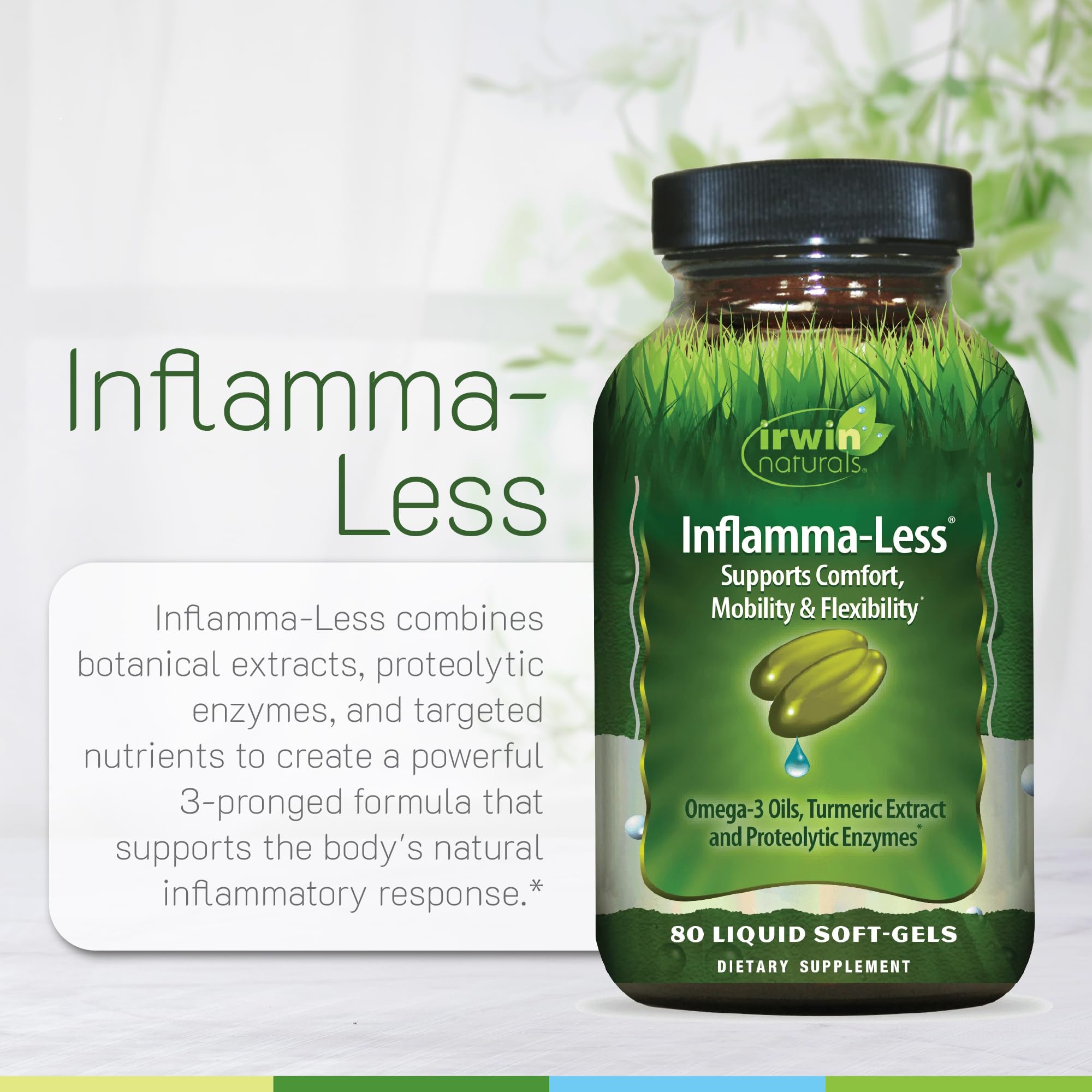 Irwin Naturals Inflamma-Less soft-gels with omega-3 oils for cellular health.