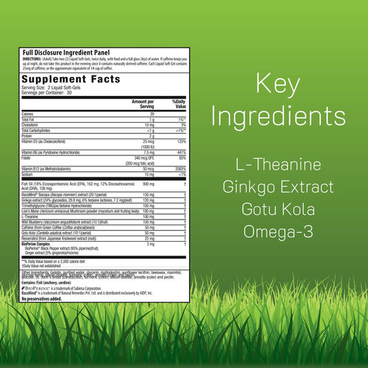 Close-up of Irwin Naturals liquid soft-gels delivering quick cognitive support