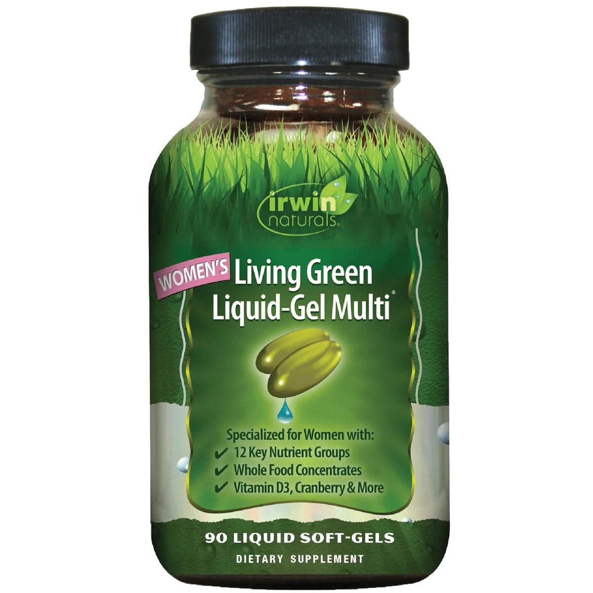 Irwin Naturals Living Green Liquid-Gel Multi for Women bottle on counter, easy daily nutrition.
