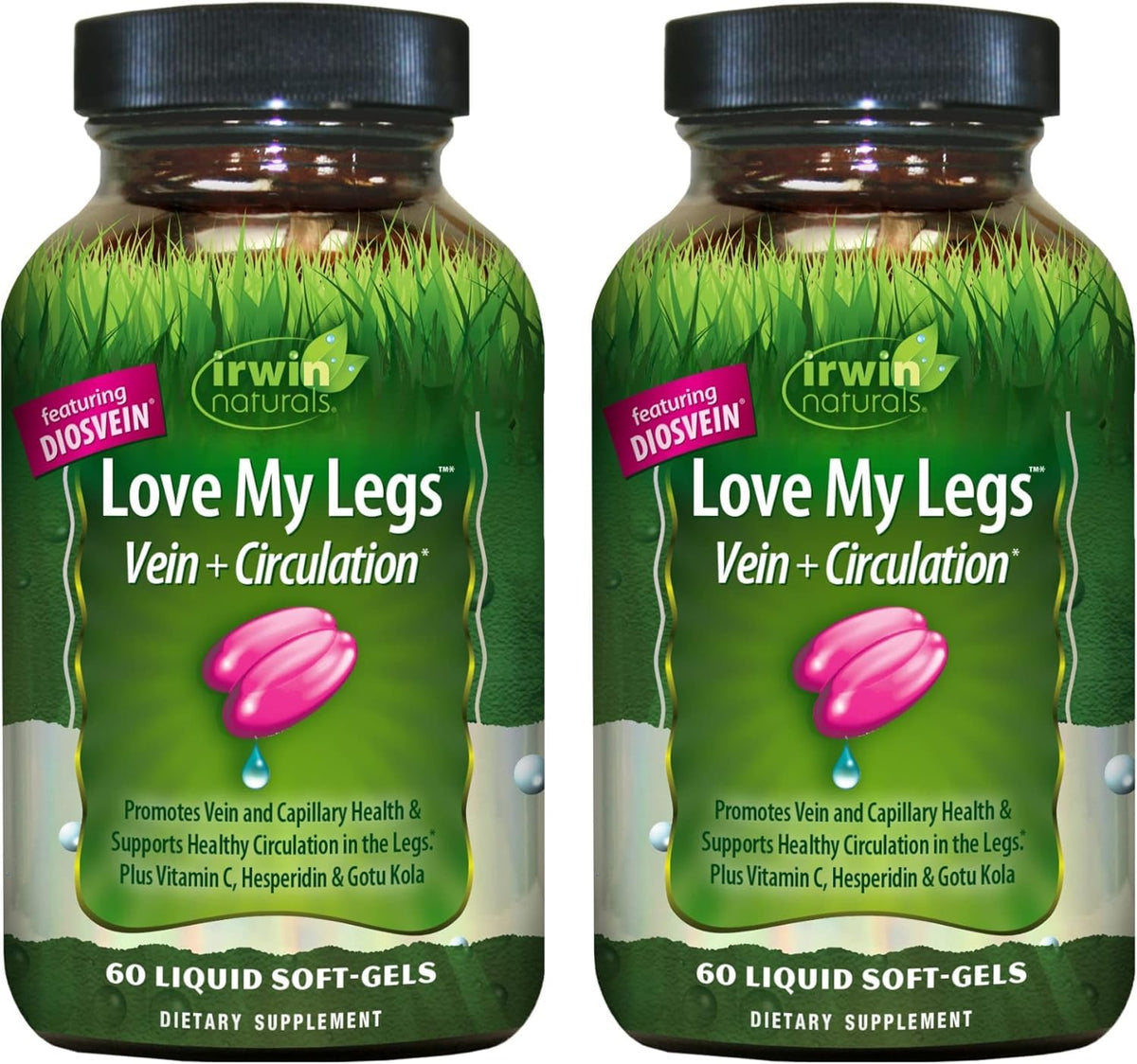 Irwin Naturals Love My Legs bottle promotes leg health with an easy-to-use package.
