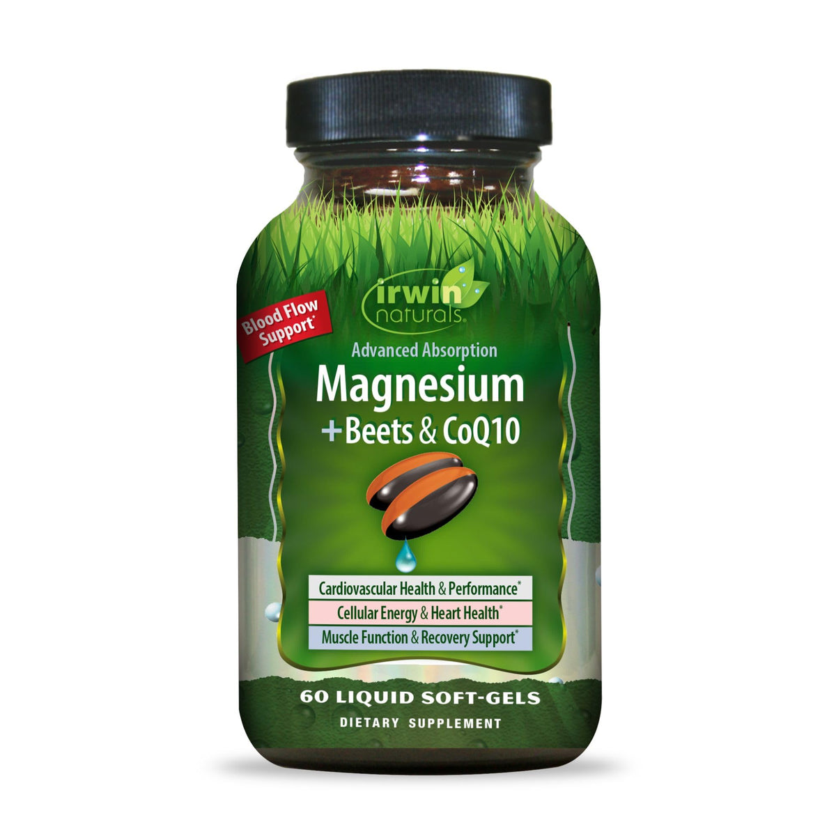 Irwin Naturals Magnesium Beets CoQ10 bottle image highlights energy support and heart health