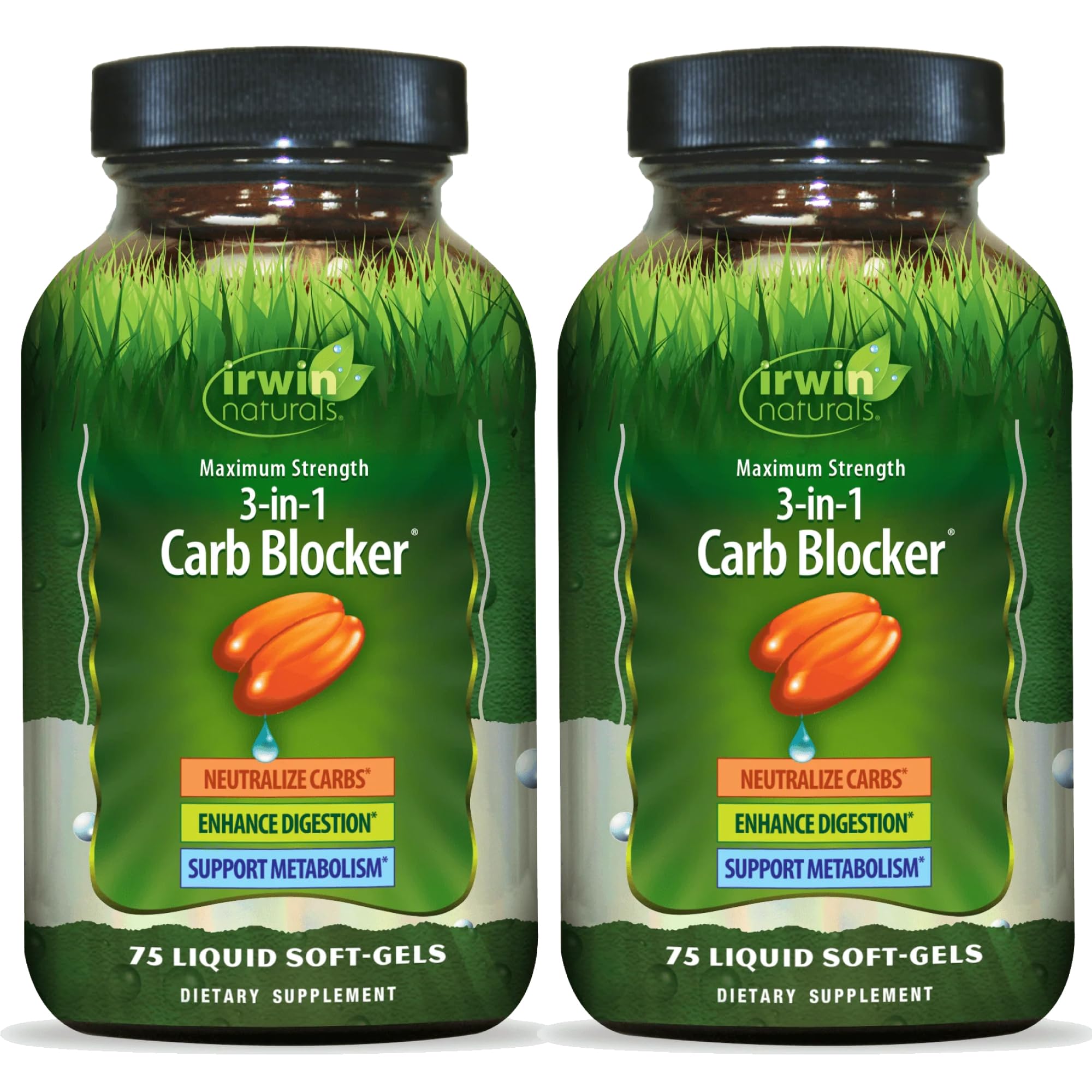 Irwin Naturals Maximum Strength 3-in-1 Carb Blocker bottle with label and purity emphasis.