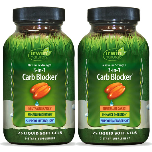 Irwin Naturals Maximum Strength 3-in-1 Carb Blocker bottle with label and purity emphasis.