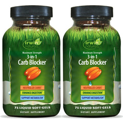 Irwin Naturals Maximum Strength 3-in-1 Carb Blocker bottle with label and purity emphasis.