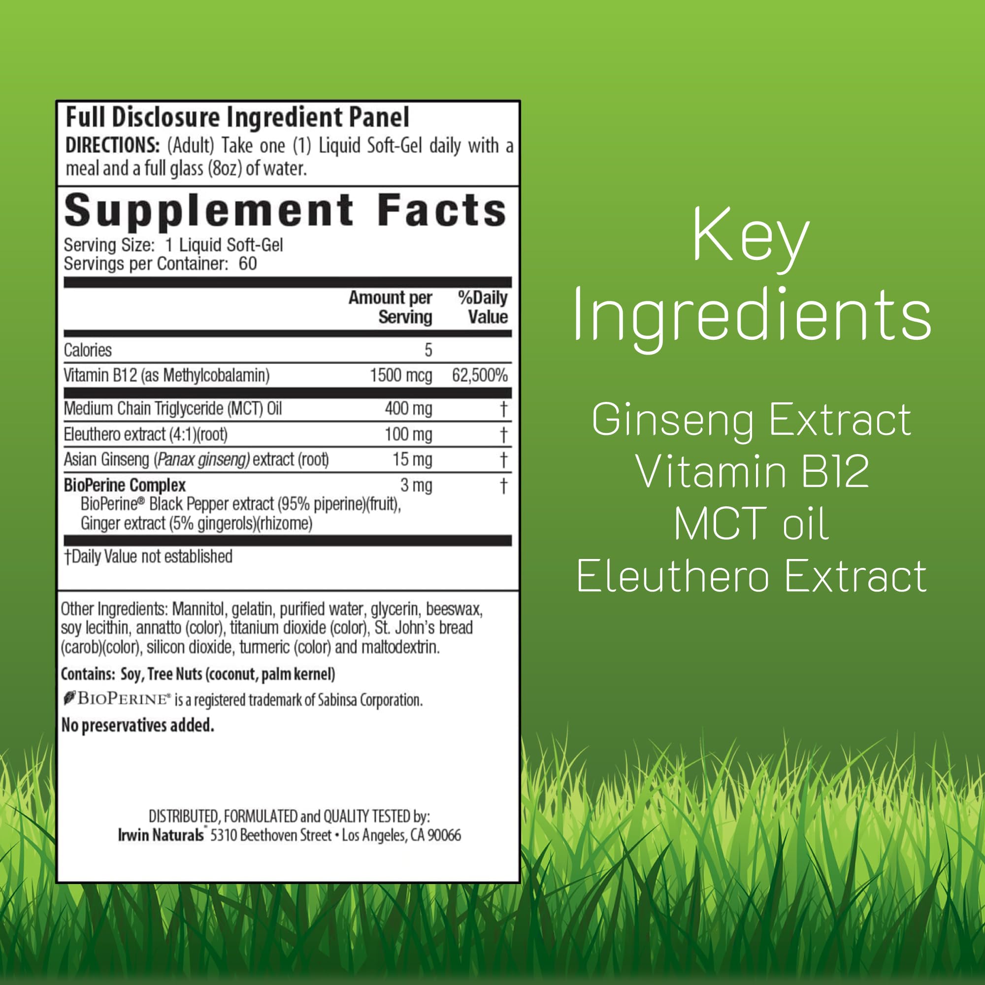 Close-up of Irwin Naturals Mega B-12 softgels for fast absorption.