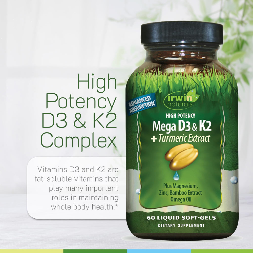 Water glass beside Irwin Naturals Mega D3 K2 Turmeric softgels for easier swallowing.