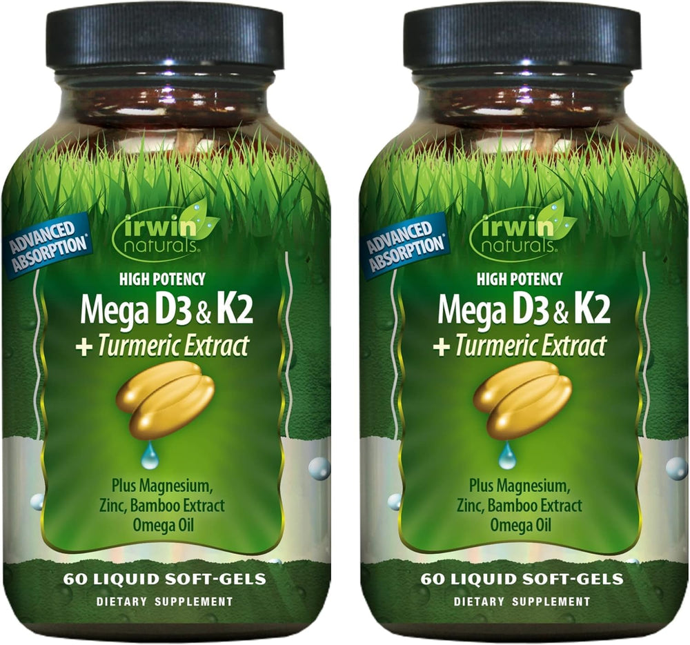 Irwin Naturals Mega D3 K2 Turmeric softgel bottle for daily bone health support