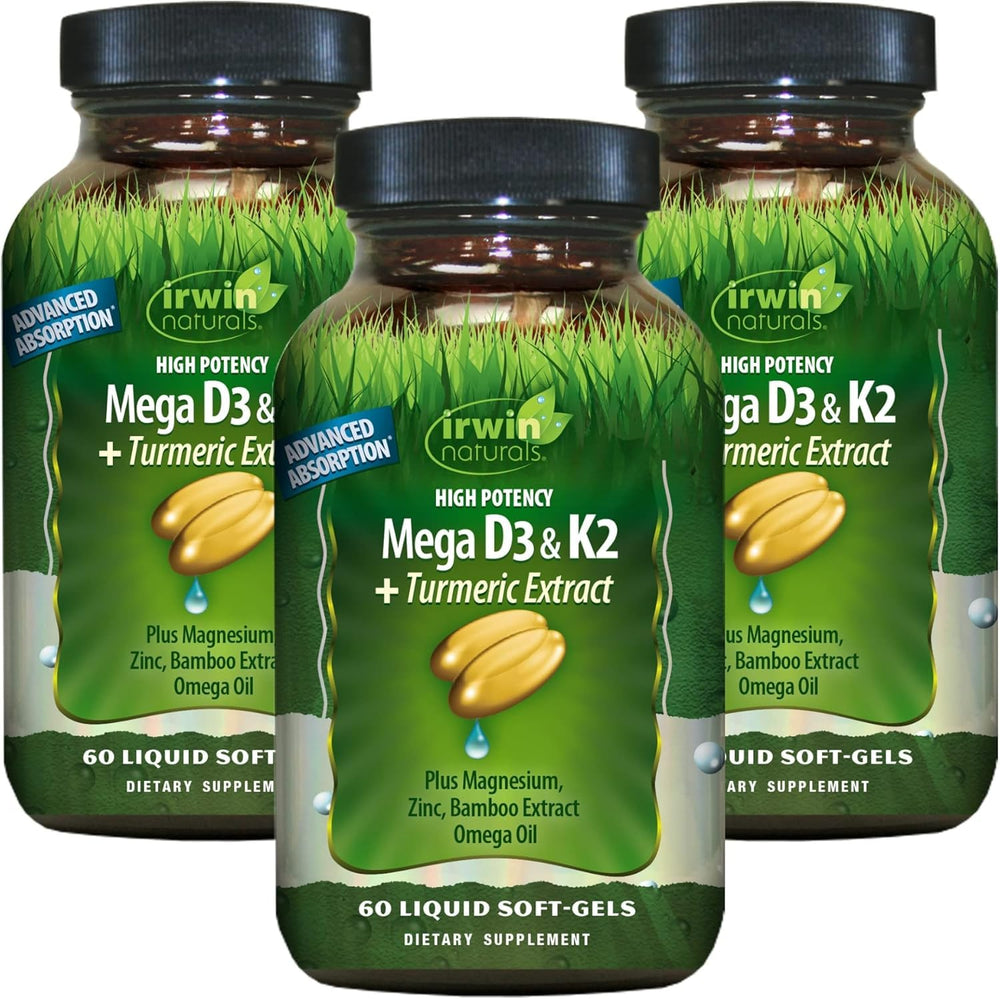 Irwin Naturals Mega D3 K2 Turmeric softgel bottle on the kitchen counter for daily bone support.