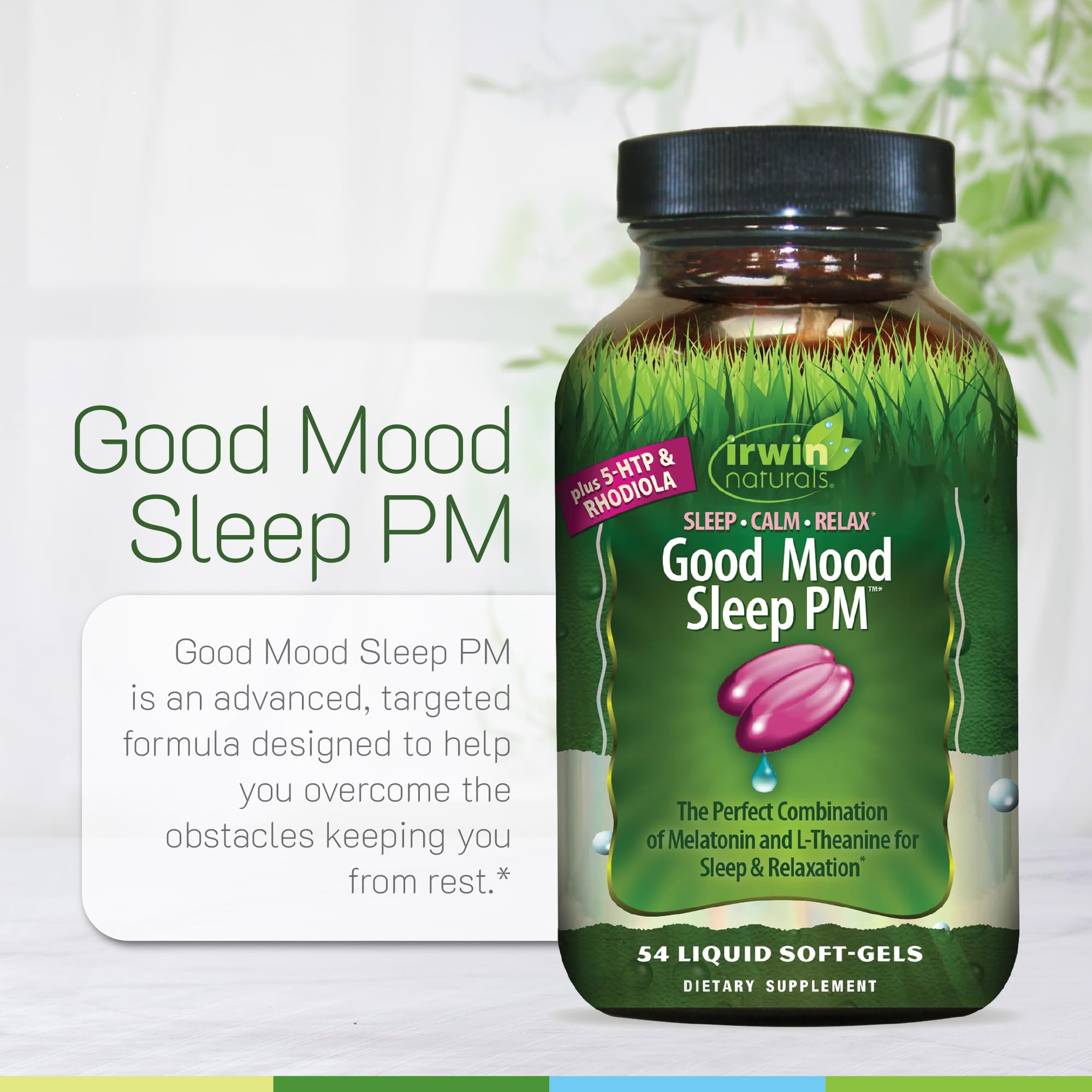 Irwin Naturals Melatonin Plus 5-HTP & Rhodiola packaging highlights 54 soft-gels.