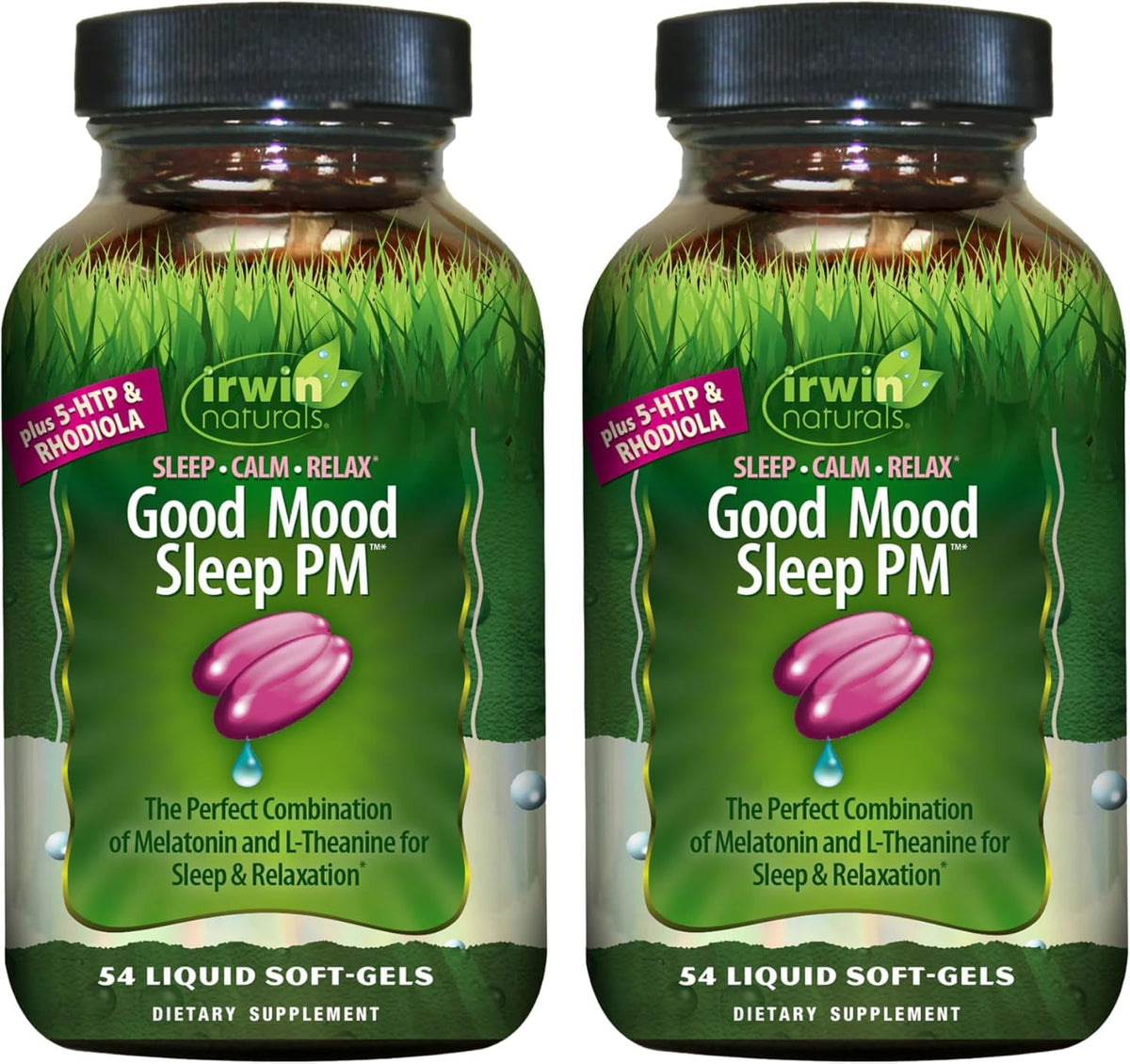 Irwin Naturals Melatonin Plus 5-HTP & Rhodiola bottle for calm evenings.